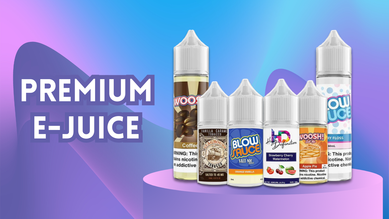 Banner displaying a variety of ejuices with the label ‘Premium Ejuice’. The image showcases an assortment of bottles with different flavors, emphasizing high-quality and premium selection.