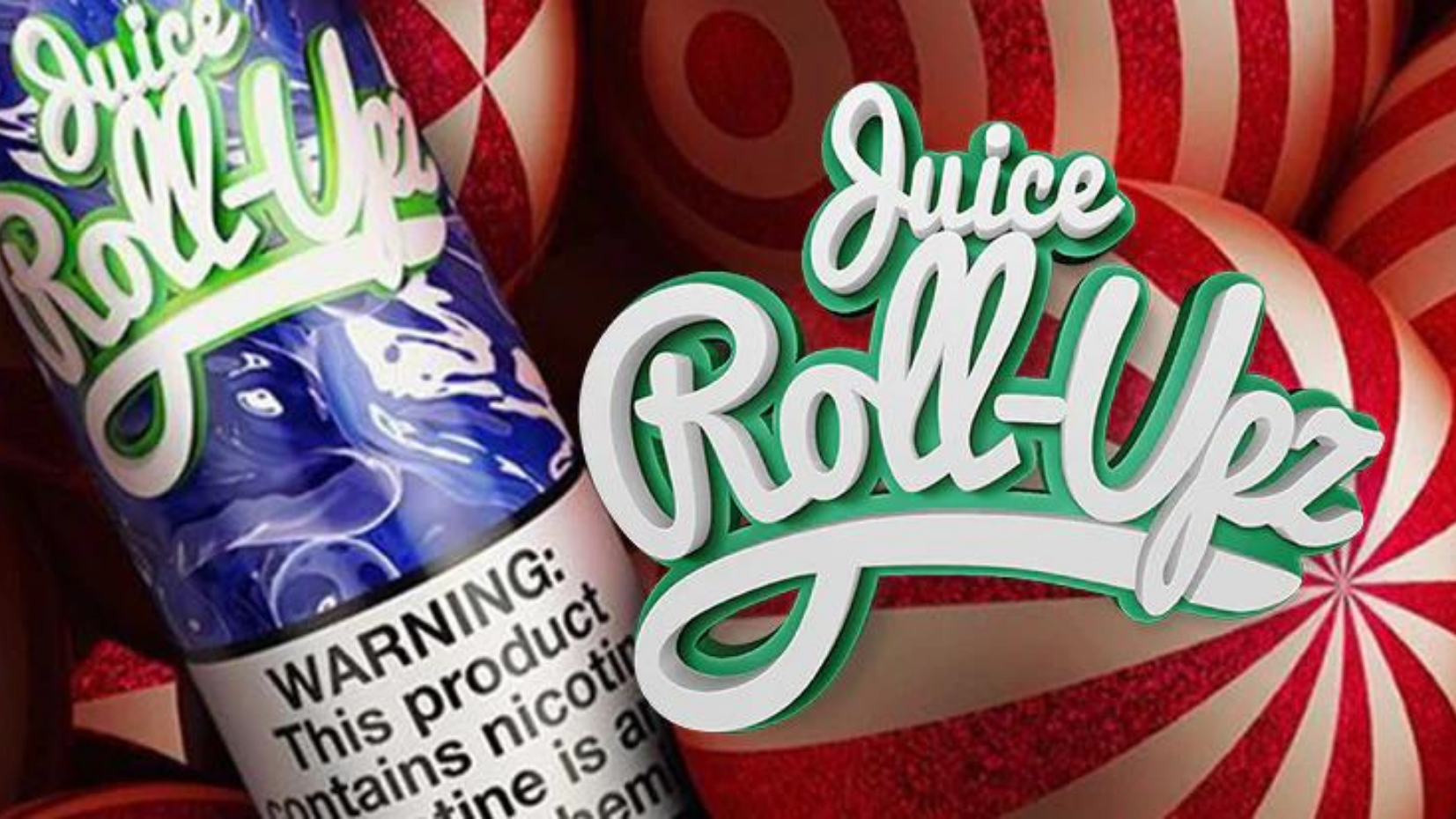 Banner displaying a collection of Juice Roll Upz ejuices, featuring colorful bottles and prominent branding. The image highlights the diverse flavors and playful design of the Juice Roll Upz line, emphasizing its vibrant and appealing presentation