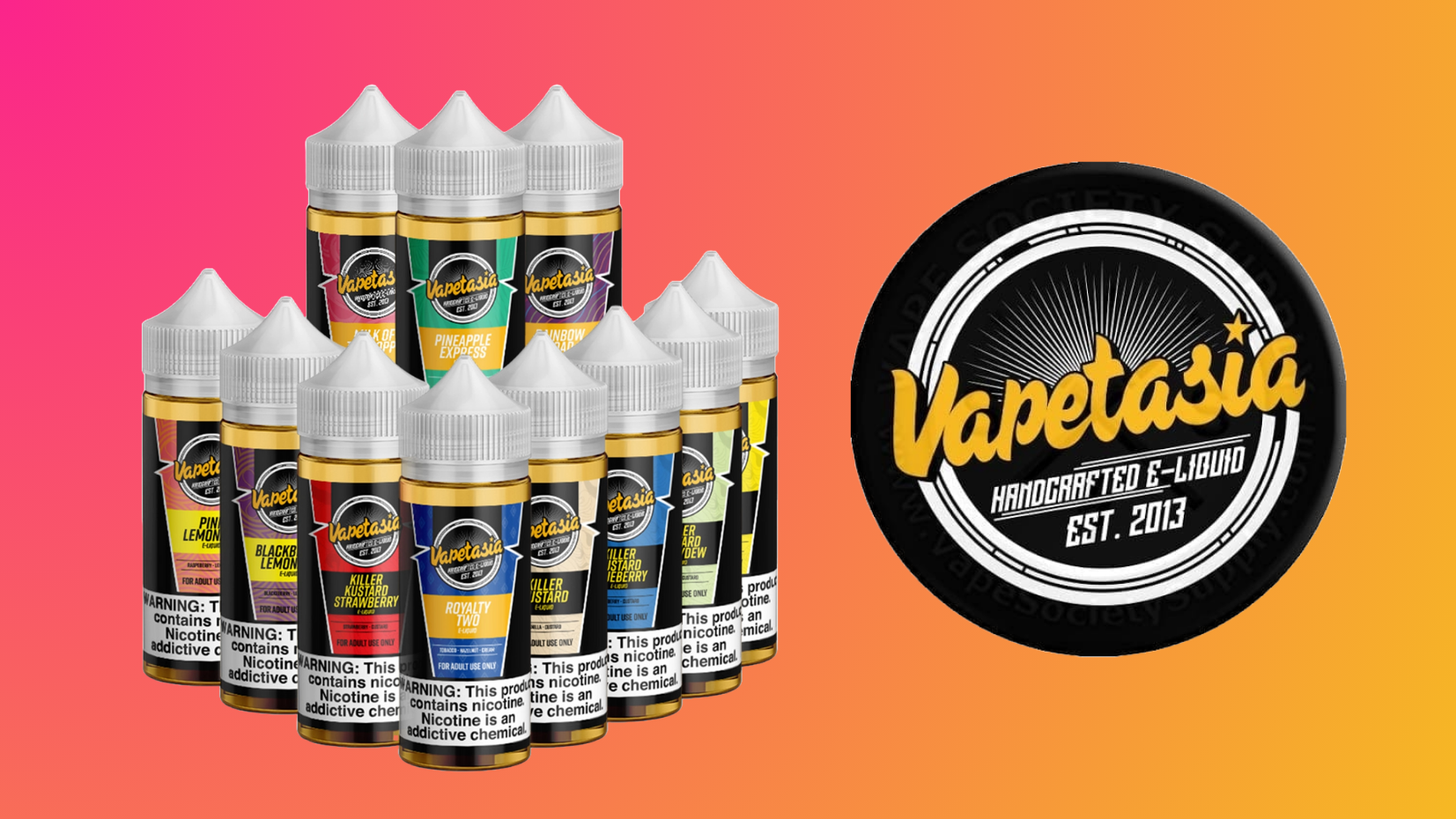 Banner featuring Vapetasia products, showcasing a selection of ejuice bottles from the Vapetasia brand. The image highlights various flavors and prominent branding, emphasizing the premium quality and diverse options available